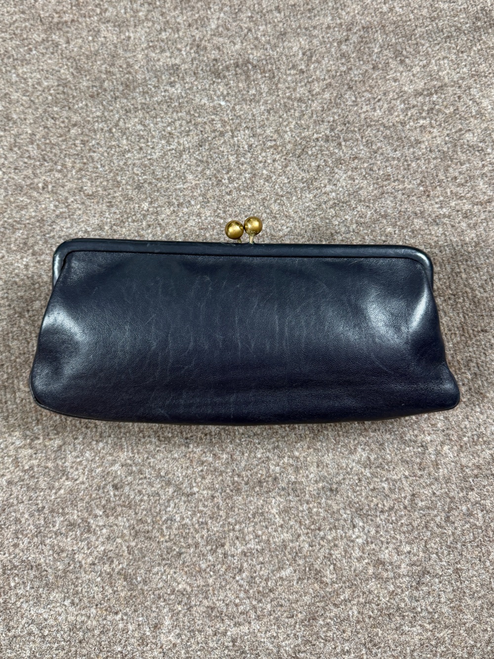 Vintage Marshall Field & Co Navy Blue Leather Kiss Lock Clutch Pouch Evening Bag